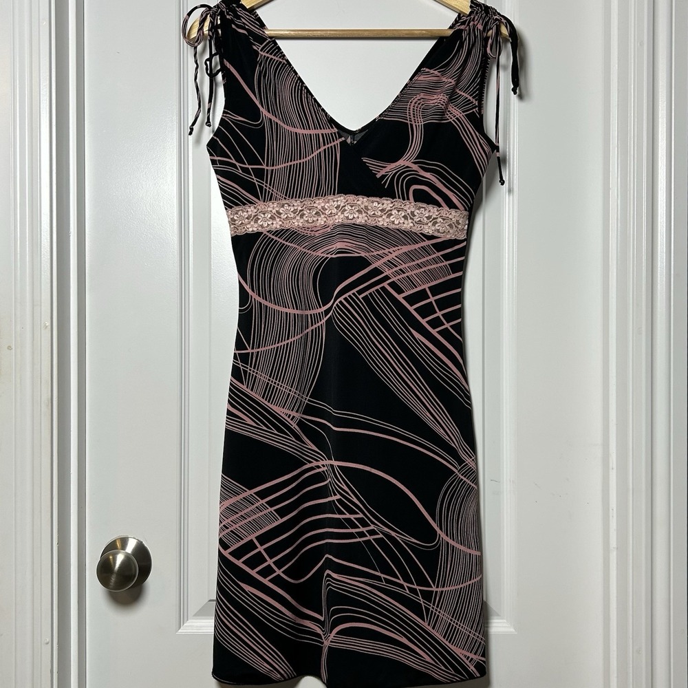 Finesse USA Vintage Y2K Black Pink Abstract Print Lace Trim Coquette‎ Mini Dress